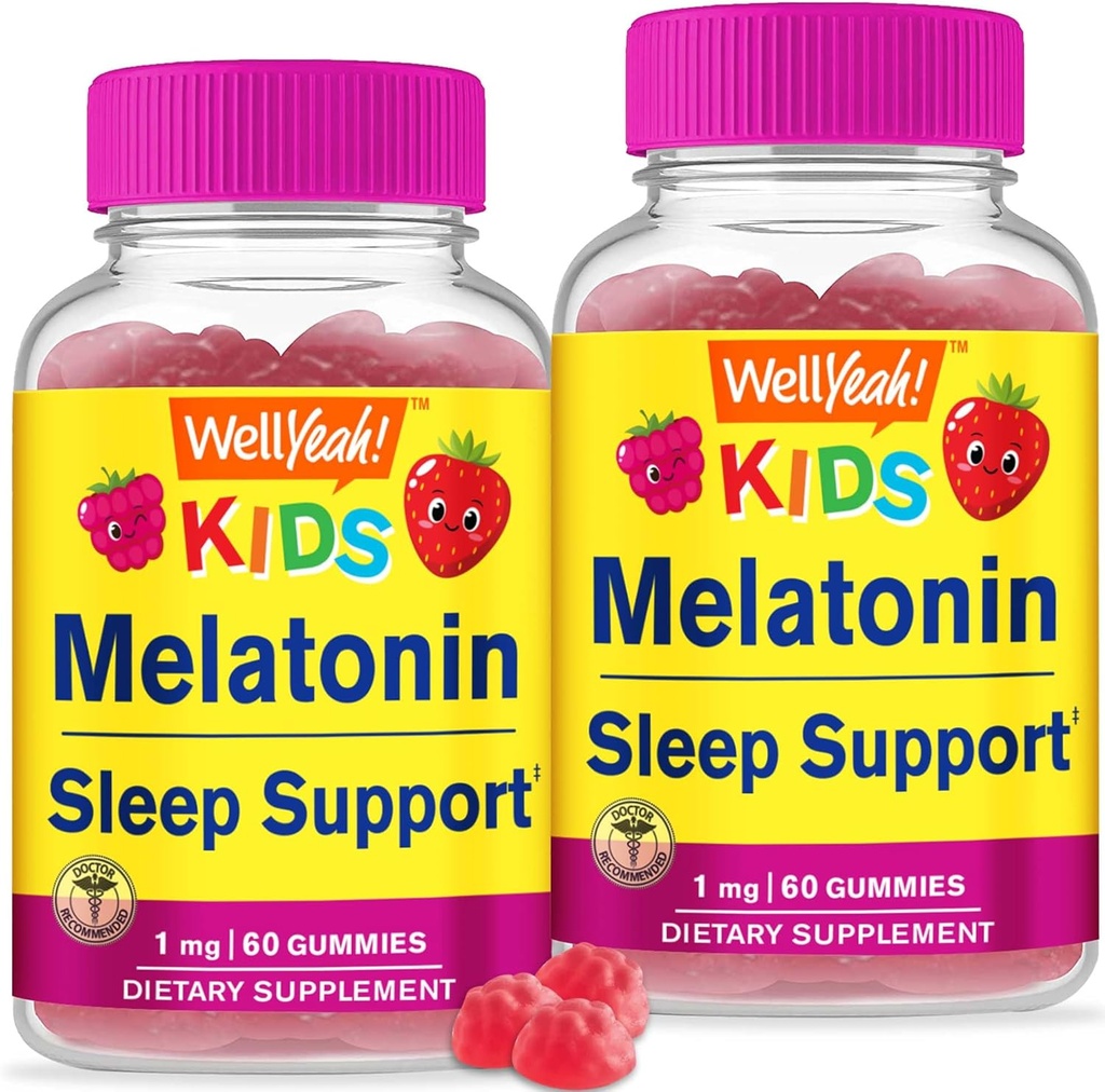 WellYeah Kids Melatoniini Gummies 1 mg (2 pakkaus) - Drug-free unilääke Gummy Supplement, Sleep Support lapsille - Gluteeniton, Liivate, Ei GMO, Kasvisruokaa - Natural Sourced Flavor - 60 Gummies