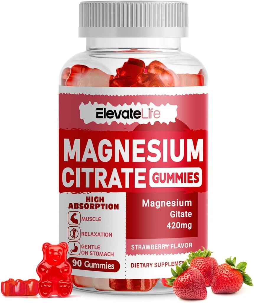 Magnesium Citrate Gummies 420mg per tarjoilu - 90 Vegan Gummies - edistää terve rentoutumista, lihasten, luun, & energia- tuki (90 mansikka Gummies)