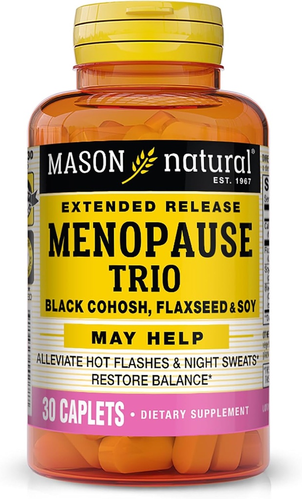 Mason Natural Menopause Trio: Black Cohosh, Pellavansiemen, & Soija (Extended Release) - Voi Alleviate Hot Flashs & Night Sweats*, tukee terve Hormoni Balance*, 30 Caplets