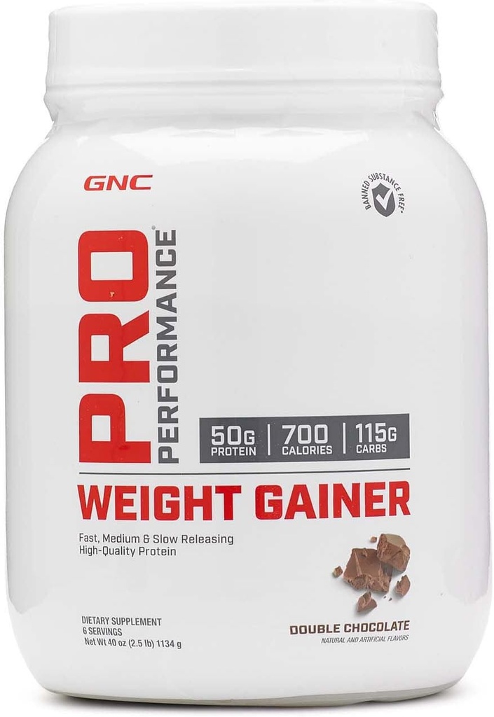 GNC Pro Performance Gainer Protein Powder, 50g Protein, High Calorie, 700 kaloreita, tukee Mass and Muscle Recovery, MCT, BCAA, 3rd Party testattu, Double Chocolate, 6 tarjoilut, 2,5 lbs