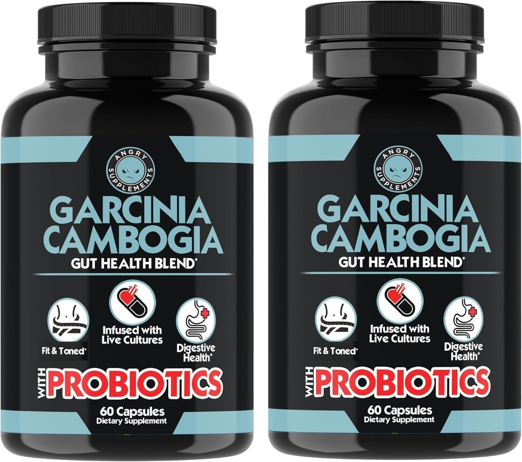 Angry Supplements Garcinia Cambogia med Probiotics, Gut Health Multivitamin w. Vitamin A, C, D, E, K, B2, Zink, Selenium, Copper, Chromium + Herbal Blend Capsules (2- Bottles, 120ct Total)