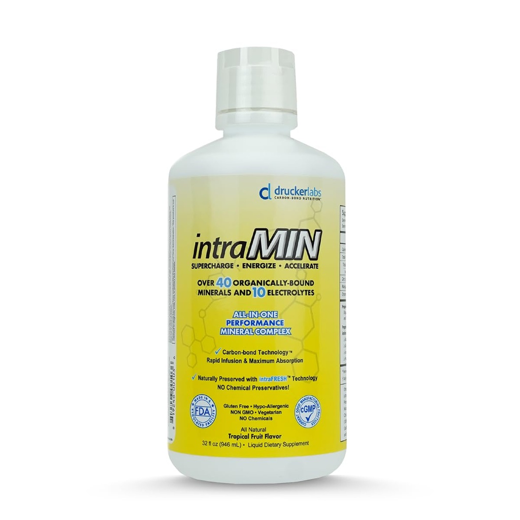 DRUCKER Labs - IntraMIN Organic Liquid Trace Minerals Ravintolisä miesten, naisten, lasten, immuuni tuki, lihasten tuki, ei-muuntogeenisiä, gluteeniton, vegaaninen, electrolyyttejä (32 oz., Trooppinen hedelmäpunch)