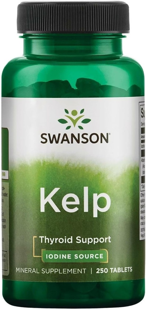 Swanson Premium Brand Kelp - Natural Jodi Source Tukeva Kilpirauhasen terveys - Mineral Supplement w/jodi Source Standarded 0,4% - (250 tablettia, 225 mcg Each)