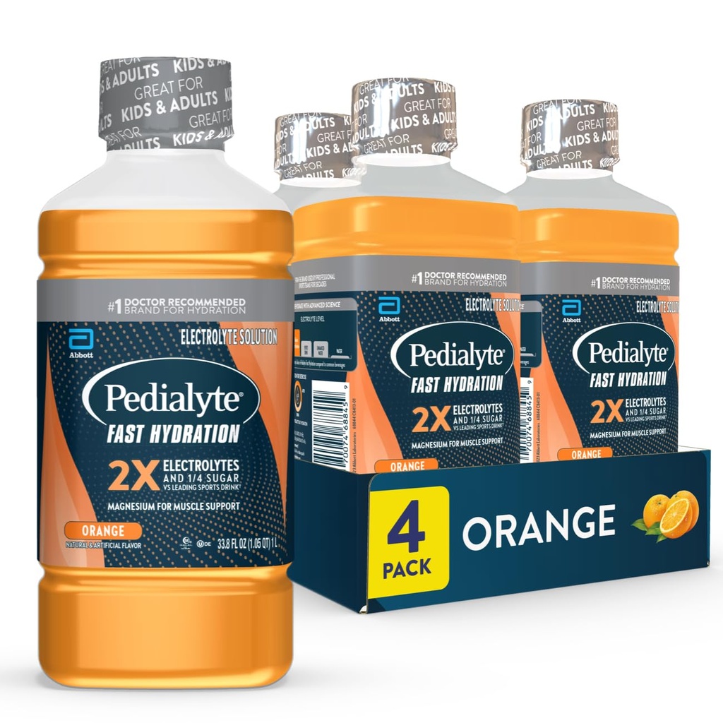 Pedialyte Fast Hydration Elektrolyte Solution, Oranssi, Hydration Drink, 33,8 Fl Oz (pakkaus 4)