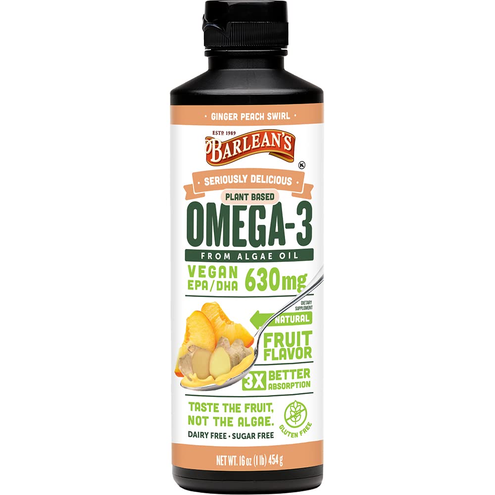 Barleans Ginger Peach Vegan Omega 3 Supplement, Liquid Algae Oil med 630 mg EPA & DHA, Plant Based Omegas från Algal Oil, Non-GMO & Gluten Free, 16 oz