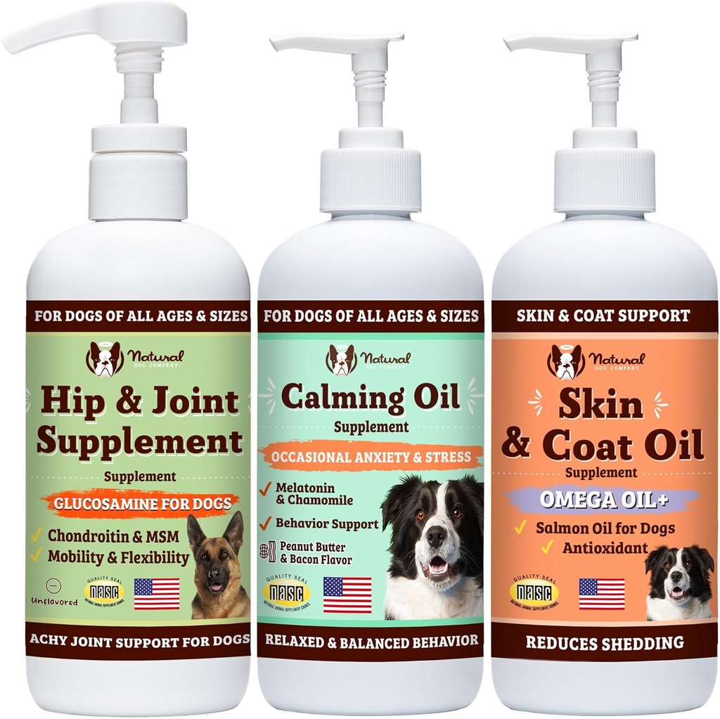 Natural Dog Company Wellness Bund $le för hundar, mattoppers, flytande kosttillskott med (1) Hud & Coat Oil, (1) Liquid Glukosamin, (1) Kalmolja