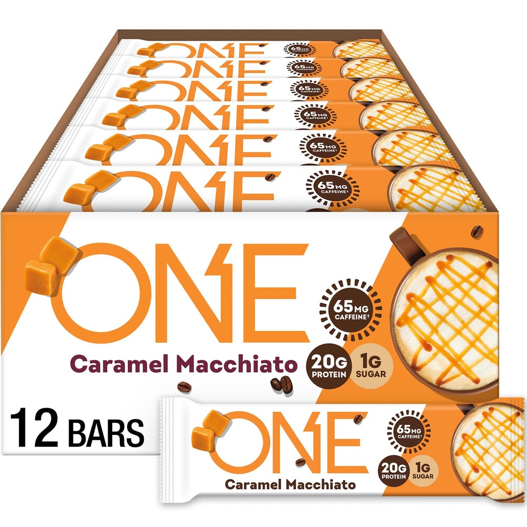 ONE Coffee Shop kofeiinipitoisia proteiinipatukoita, karamellimacchiatoa, gluteenia 20 g proteiinia ja 65 mg kofeiinienergiaa, pantry nitoja, 2,12 oz (12 kreivi), Pakkaus toukokuu Vary