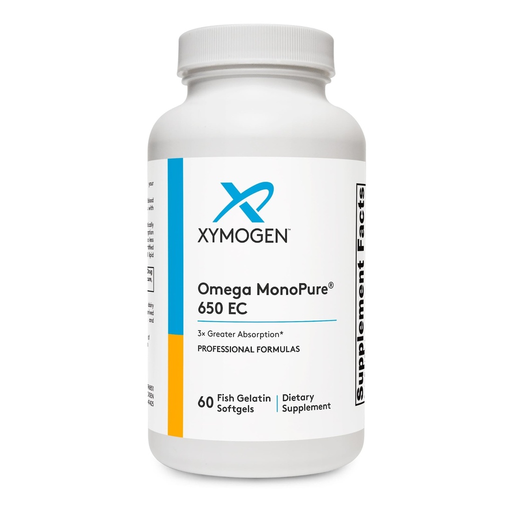 XYMOGEN Omega MonoPure 650 EC - Omega-3 Fiskoljetillskott för kvinnor och män - med EPA, DHA & DPA - Mindre Softgels med 3X Greater Absorption - Stöd ett hälsosamt hjärta & kognition (60 Softgels)