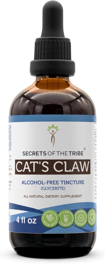 Secrets of the Tribe Cats Claw Tincture Alcohol-Free Liquid Extract, Wildcrafted Cat's Claw (Uncaria Tomentosa) Torkade inre Bark (4 FL OZ)