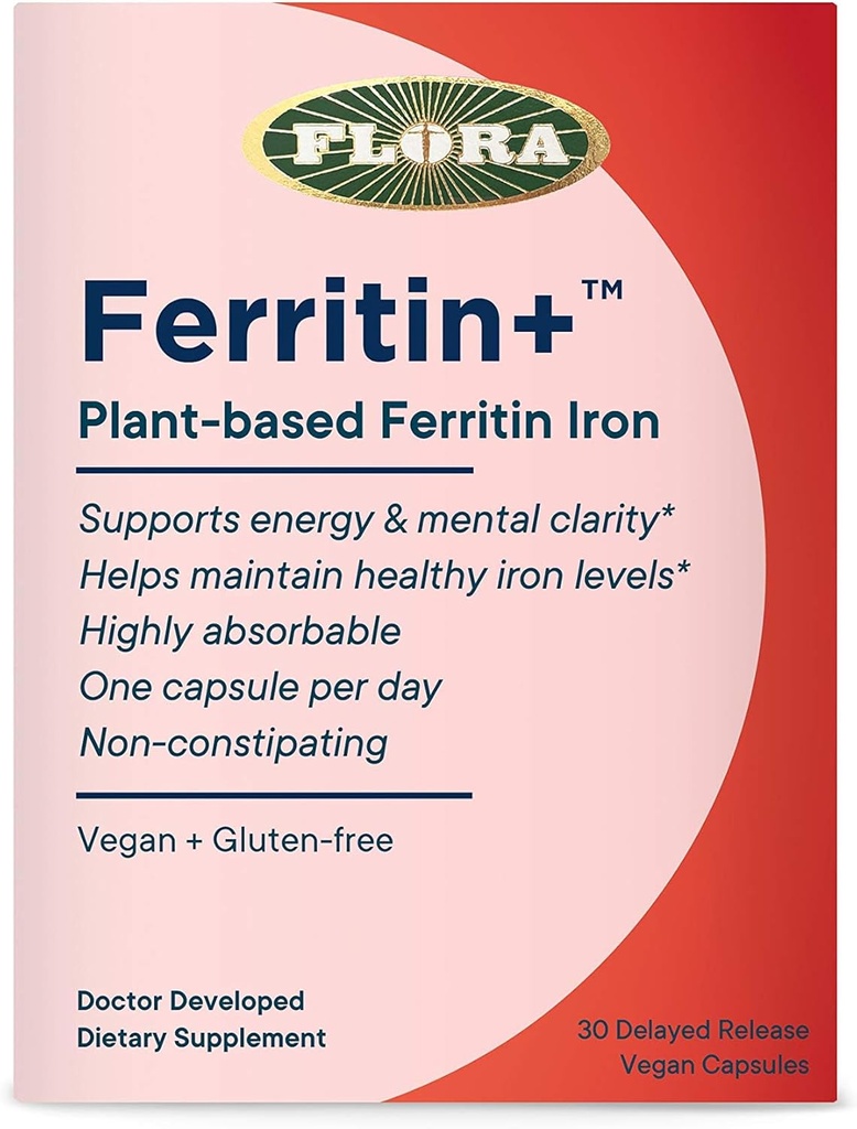 Flora Ferritin+ Viivästynyt Iron Supplement - Plant-Baseed Iron Supplement - Verisolu- ja energiatuki - Vegaani & Gluteeniton - Läpipainopakkaus - 30 Vegaanikapselit