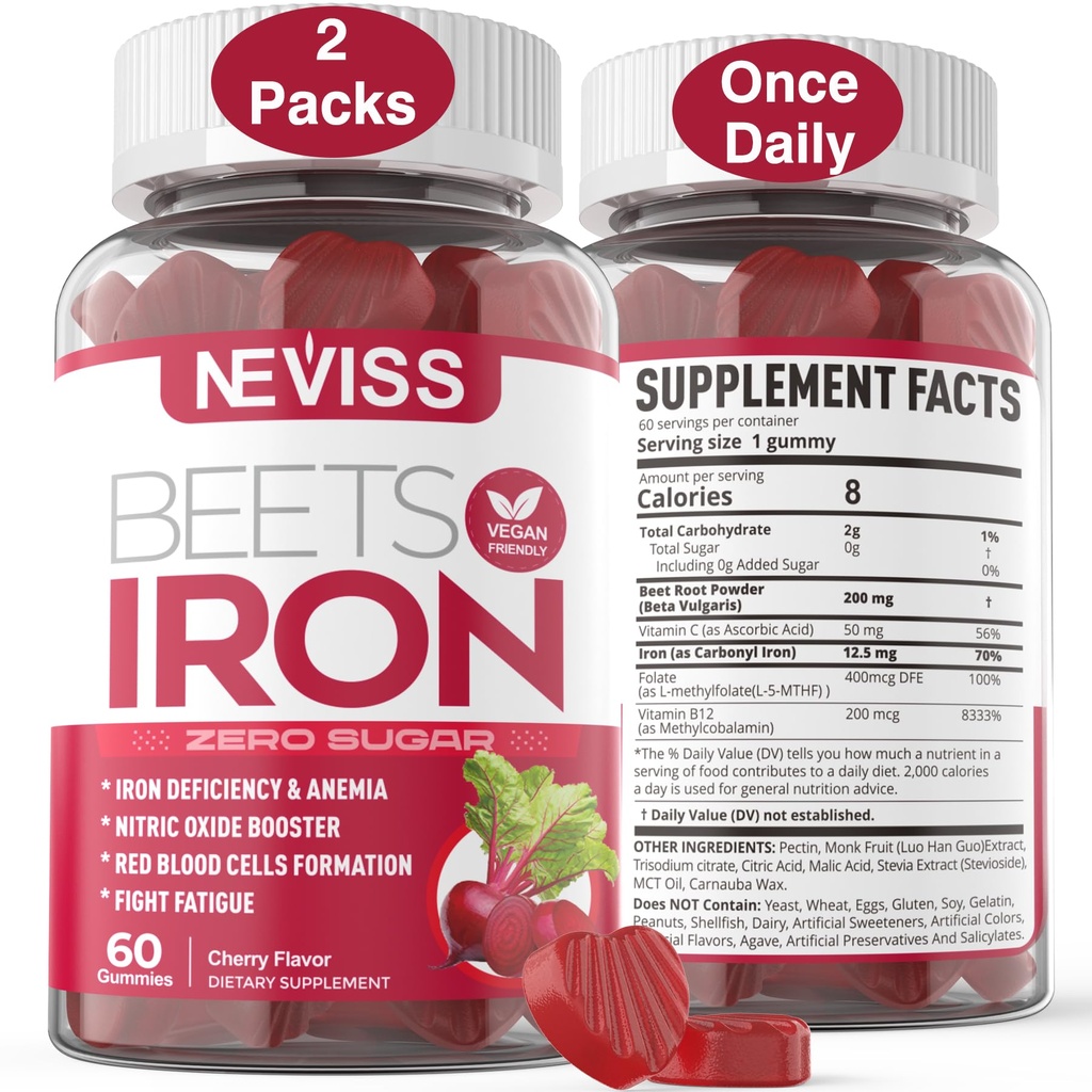 Beet Root Gummies med järn, Methyl B12, Folate, Vitamin C - Öka Nitric Oxide & Järnnivåer, energisupport, Fight Fatigue, Beetroot & Gentle Iron Supplement, Sugar Free, 120 Count