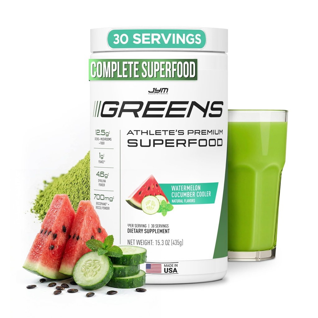 JYM Greens Super Food Powder for Performance, Watermelon Cucumber, Spirulina, Sienet, Vitamiinit, BroccoPhane & Parsakaali, Miehet & naiset, 30 tarjoilua