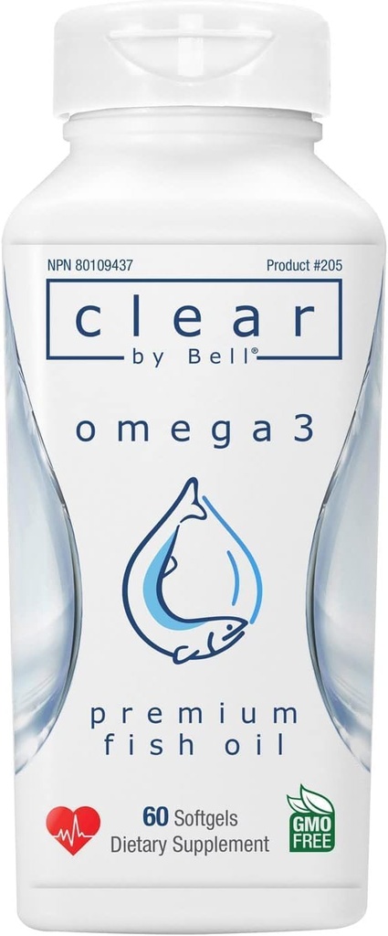 Bell Clear Pure Omega 3 Fish Oil Lisäravinteet, 2000 mg per Tarjoilu - Burp Free Premium, Clean and Clear, Ei kalamaista makua ja ei toistoja (röyhtäyksiä), Cholesterol Free, GMO ja Allergen Free, 60 Softgels