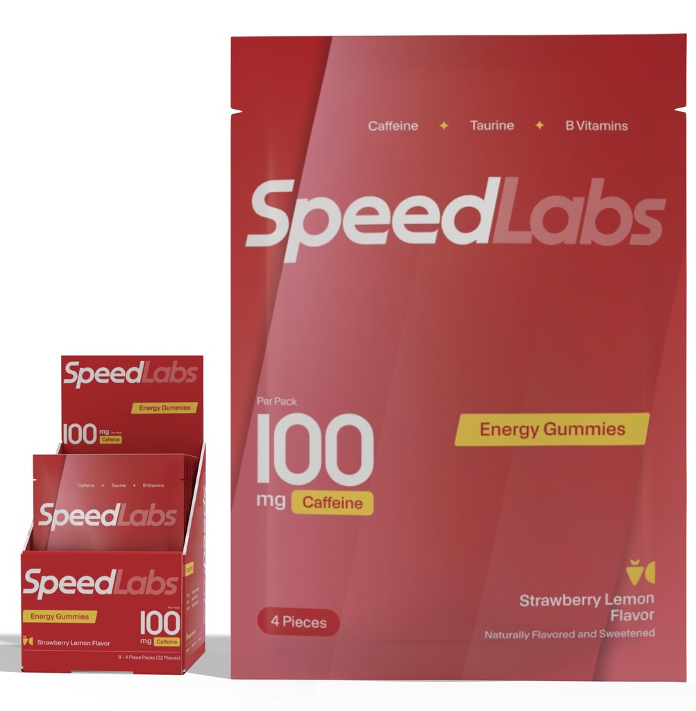 Speed Labs Kofeiini energia Gummies Mansikka sitruuna Natural, 25 mg kofeiini, tauriini, B-vitamins per pala, 32 Pieces (8 pakkausta) Vegan, Gluteeniton, 1g lisätty sokeri