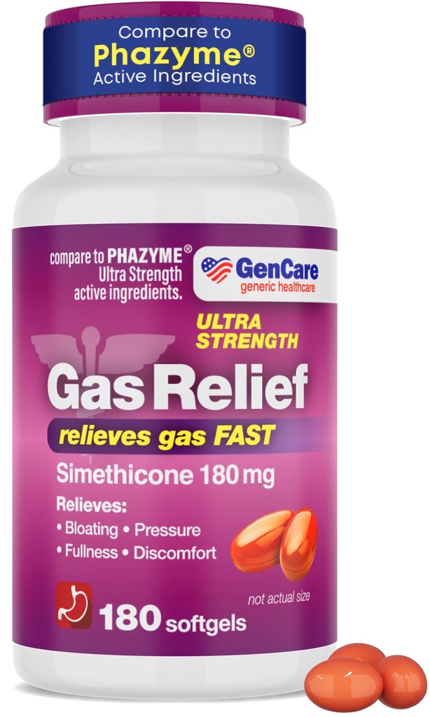GenCare - Ultra Strength Simethicone Gas Relief 180 mg (180 Softgels) | Anti Flatulence, Bloating Aid, magbesvär och gastryck Reliever Pills | Relieves Gas Fast | Generisk Phazym