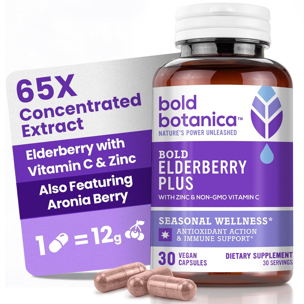 Rohkea Botanica Elderberry Plus - 65x Väkevä musta vaniljauute, jossa on sinkkiä ja C-vitamiinia päivittäiseen immuunitukeen ja kausittaiseen hyvinvointiin - ei-GMO, 30 vegaaninen kapseli