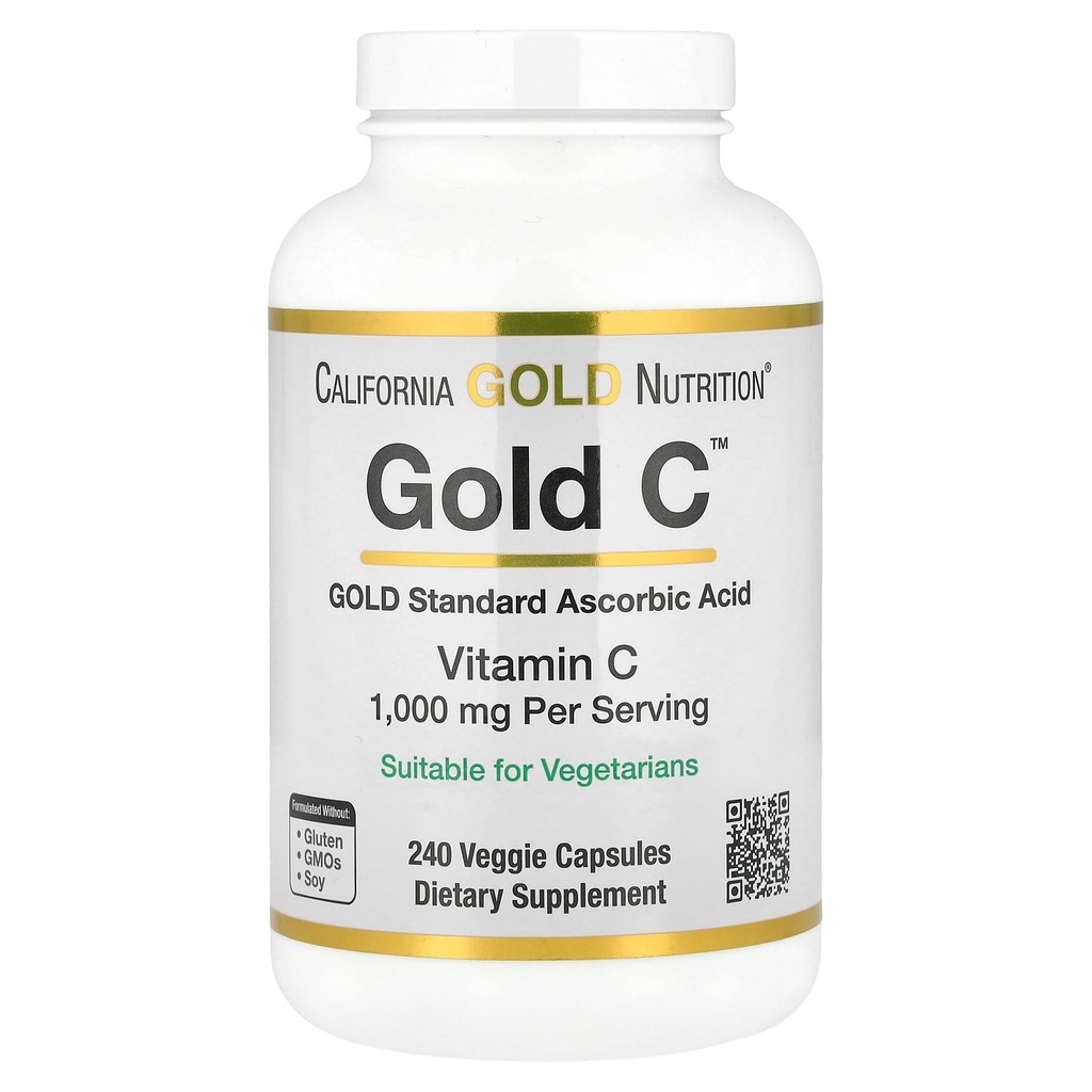 Kalifornia Gold Nutrition Gold C USP Grade C-vitamiinin lisäravinteet - Immunosupport & Seasonal Wellness - Kasvissyöjä Friendly - Gluteeniton, ei-GMO - 1000 mg - 240 Kasviskapselit