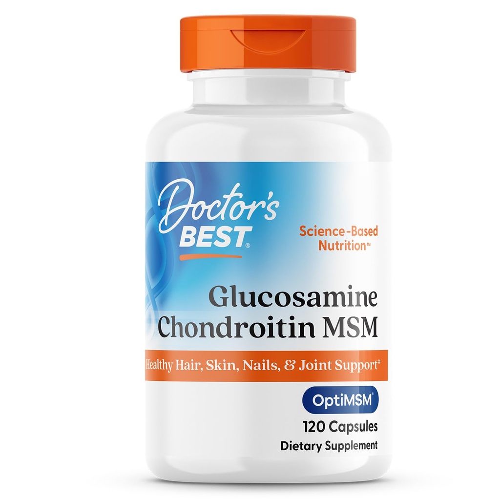 Doctor's Best Glukosamiini Chondroitin Msm OptiMSM-kapseleilla, tukee tervettä nivelrakennetta, toimintoa ja mukavuutta, ei-muuntogeenisiä organismeja, gluteeniton, soijaton, 120.