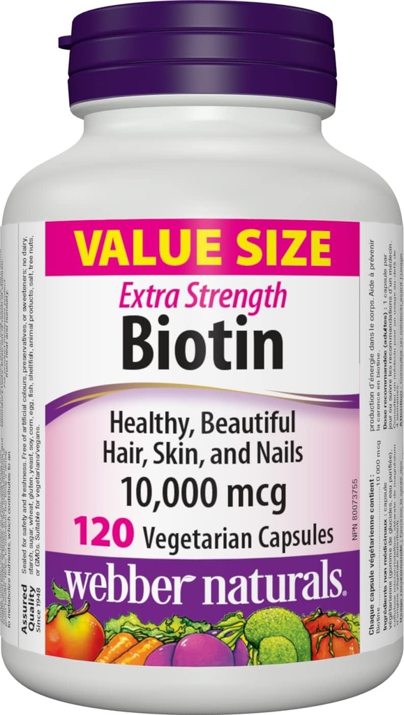 Webber Naturals Biotiini Extra vahvuus 10 000 mikrog, 120 kapselia