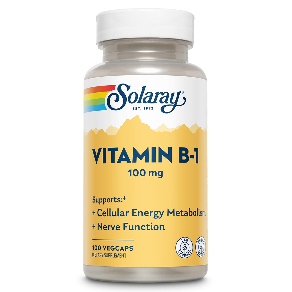 SOLARAY Vitamin B-1 100 mg | Hälsosam energimetabolism, hud, hjärna, hjärta och nervsystemstöd | 100 VegCaps