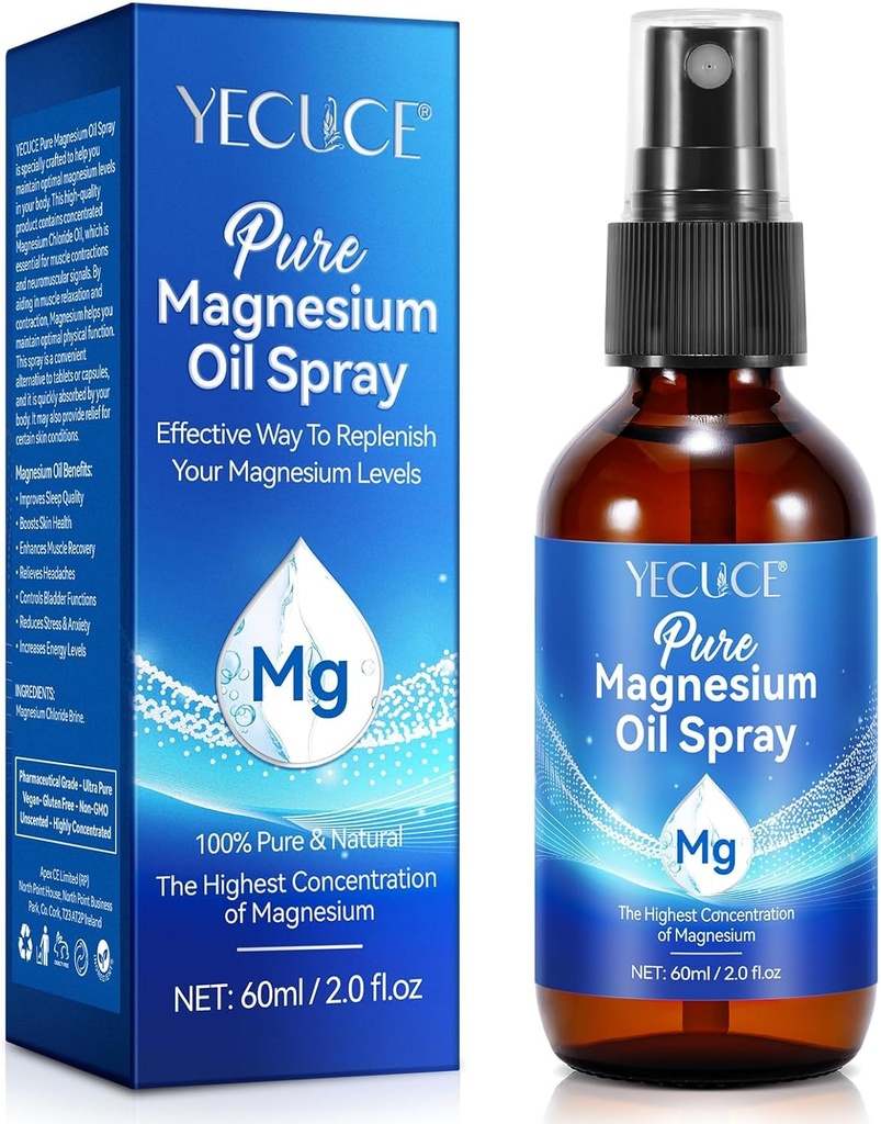 Magnesiumöljysumute, magnesiumöljy jaloille, puhdas magnesiumöljysumute 2 Fl.Oz, 100% puhdas ja luonnollinen magnesiumrunkosumute, paikallinen magnesiumsumute, luonnollinen deodorantti, helppo imeytyä ja käyttää