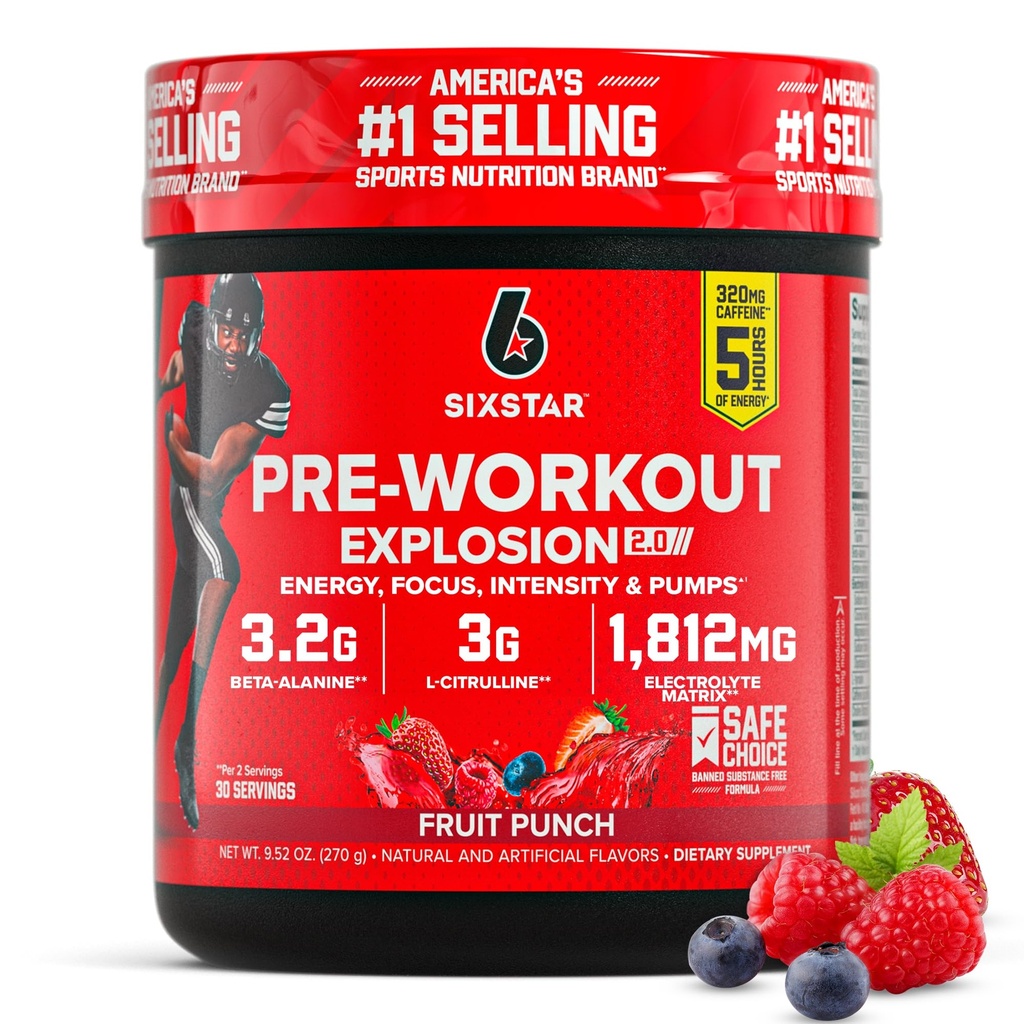 Six Star Pre-Workout Powder for Men & Women, Fruit Punch (30 tarjoilua) - Preworkout Explosion 2.0 Energy Powder Drink Mix with Beta-Alanine & Comfeine - Urheiluravintolisätuotteet