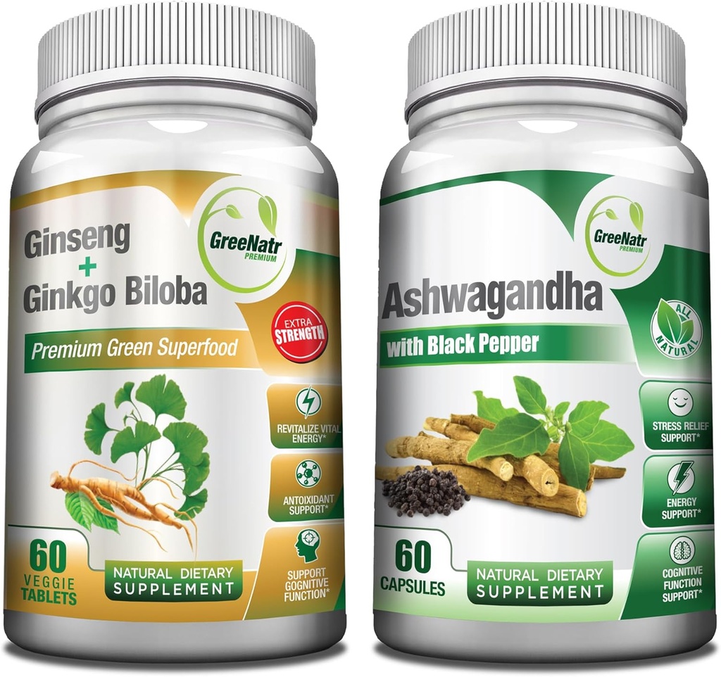 GreeNatr Premium Bundle kokonaisvaltaiselle hyvinvoinnille: Organic Ashwagandha Capsules, Black Pepper for Stress Relief, Plus Ginseng + Ginkgo Biloba Tabletit, perinteinen energia Booster.
