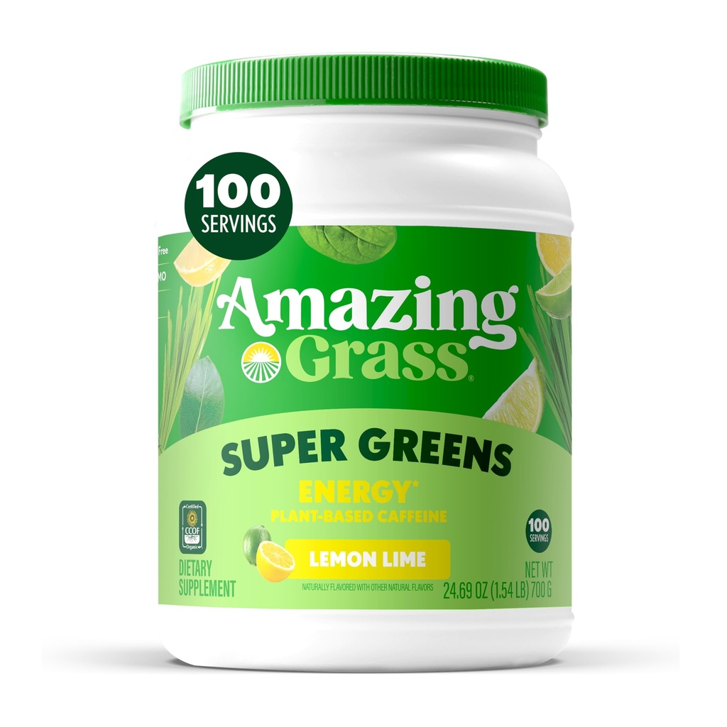 Fantastisk gräs grön superfood energi: Super Greens Powder & Plant Based koffein med grönt te, Beet Root Powder & Flax Seed, Lemon Lime, 100 portioner (Packaging May Vary)