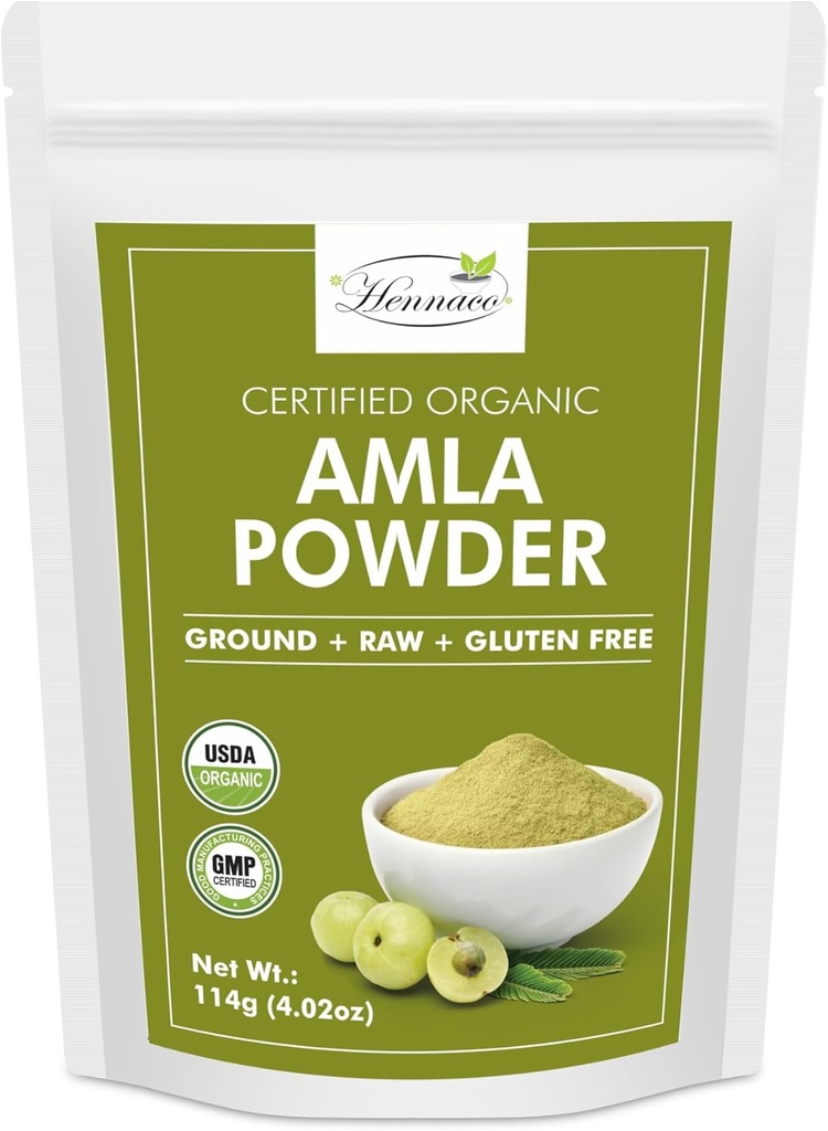 hennaco Organic Amla Powder | Amla Powder för matlagning, smoothies och juicer | Försäljningsbar Zip Lock Pouch | USDA Organic| Pure & Natural Indian Gooseberry Powder | 114 Gram (4 OZ)