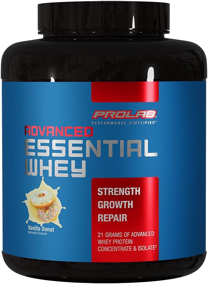 ProLab Advanced Essential Whey Protein Powder, Whey Concentration & Isolate Blend, 21g Protein, BCAAs, Divegestive Enzymes, Lihasten tuki & Recovery(Vanilla Donut)