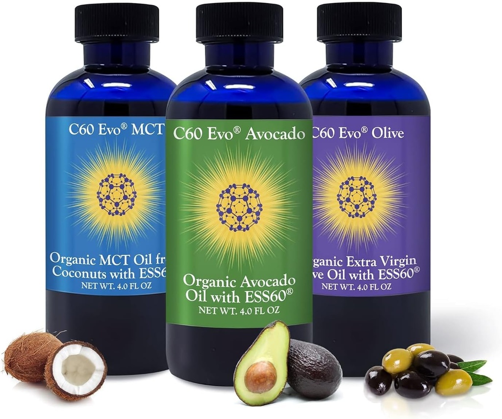 All-Natural Edible Oils, 4oz Sampler Set med Pure C60 ESS60, Immune Support och Joint Support Supplement med Olivolja, Avocado Oil & MCT Coconut Oil, Set of 3, 4 oz
