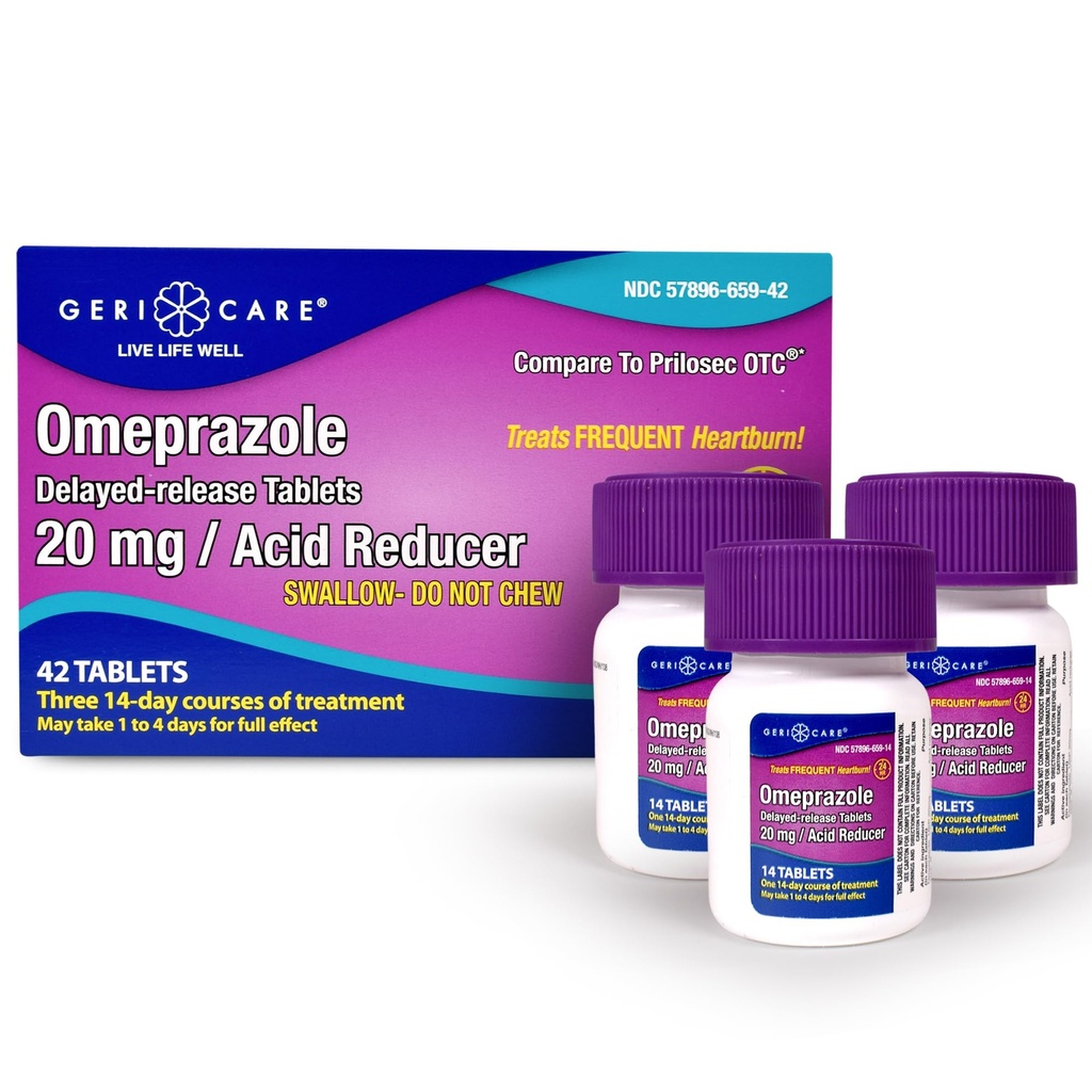 GeriCare Omeprazole Fördröjda Release tabletter 20mg magsyra Reducer Pills för 24 timmars Heartburn Relief-Syra Reflux Medicine för att behandla Frequent Heartburn- Anti-Acid Relief tabletter (42 greve)