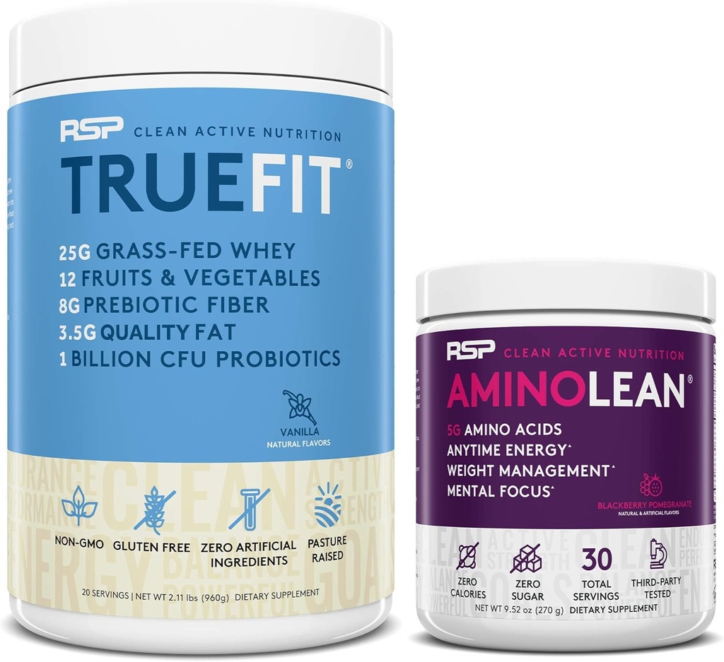 RSP NUTRITION AminoLean Pre workout Energy (BlackBerry Pomegranate 30 Servings) kanssa TrueFit Protein Powder (Vanilla 2 LB)