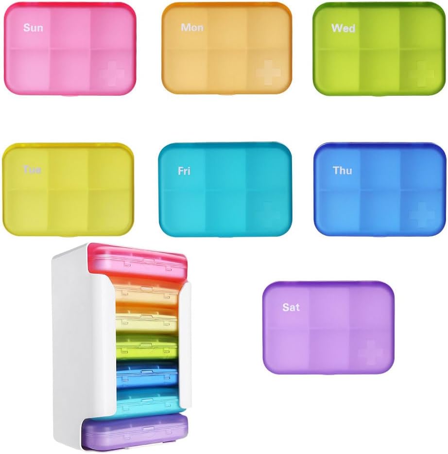 7 Palaset pilleri Organizer 6 Kertaa päivässä, Viikoittain pilleri tapauksessa, pilleri Organizer etiketeillä, matka pilleri Dispenser 7 Päivä 42 huoneistoa lääkehoito / Vitamin / kalaöljy / lisäravinteet - Sateenkaari värit