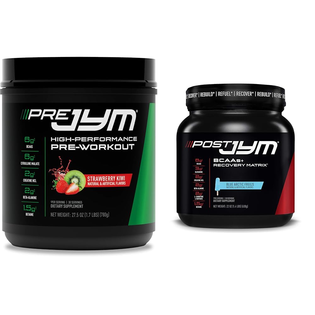 JYM Supplement Science PRE JYM 30 Servings - Strawberry Kiwi & Post-Workout med BCAA, Glutamine, Kreatin HCL, Beta-Alanine och More, Blue Arctic Freeze, 30 Servings, 22 Oz