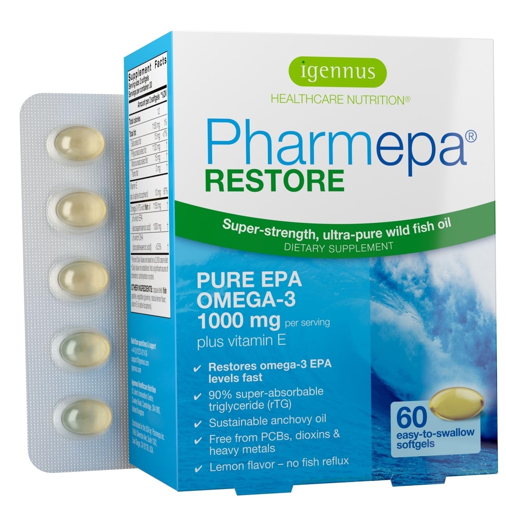 Igennus Pharmepa Restore, Pure EPA 1000mg, Omega 3 rTG Fish Oil, IFOS Certified, High Absorption, 90% Concentration Triple Strength, Wild & Sustainable, Lemon Flavor, 1-Kuukauden tarjonta, 60 Softgels