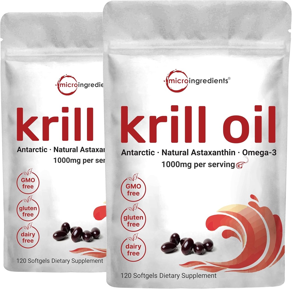 2 Pack Antarctic Krill Oil Supplement, 1000mg Per Servering, 120 mjuk-Gels Varje, Rich i Omega-3s, EPA, DHA & Astaxanthin, stöder hjärnhälsa, Premium Krill Oil Capsules Liquid Softgels