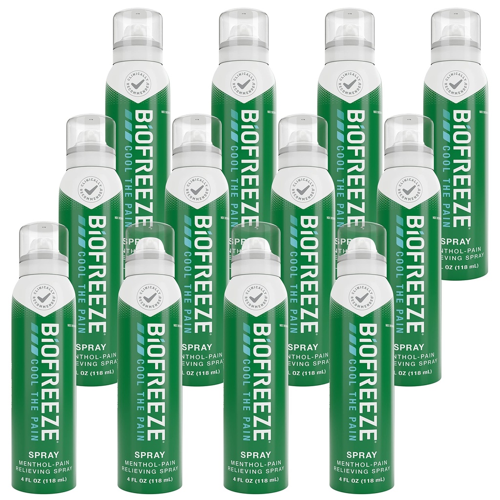 Biofreeze Mentol Pain Reliving Spray 4 FL OZ Väritön Aerosol Spray (Pack of 12) kivunlievitys liittyvät Sure lihakset, niveltulehdus, yksinkertaiset selkäkipuja, ja nivelkipu (Pakkaus toukokuussa Vary)