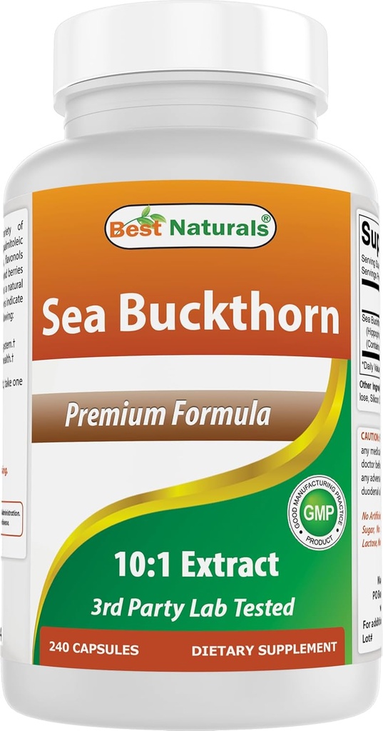 Best Naturals Sea Buckthorn Oil Powder Extract 10:1 500 mg 240 kapselia - ei-GMO, gluteeniton - sisältää luonnollisesti Omega-7 Palmetoleiinihappoa