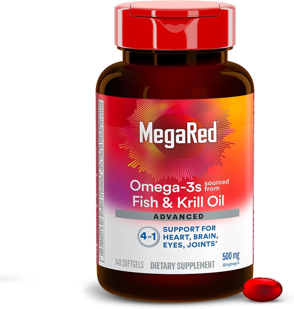 MegaRed Omega 3 Fish Oil Supplement + Krill Oil 500mg, Advanced 4in1 EPA & DHA Omega 3 Rasvahappoa Softgels (140cnt Bott Bottle), Fospholipids, tukee aivojen silmien nivelten ja sydämen terveys