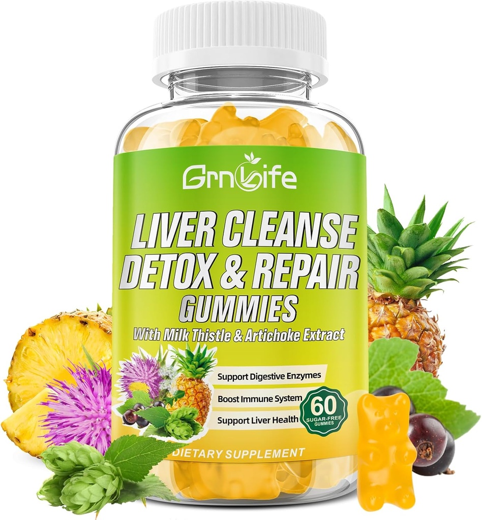Maksan Cleanse Detox & Korjaus Gummies maito Thistle 3000mg, 24-in-1 Liver Health täydentää voikukka, Artisokka, sokeriton maksa Detox Gummies, Ananas Flavor - 60