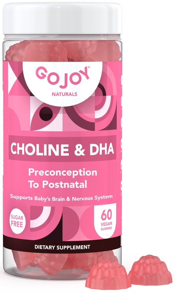 Prenatal Choline & DHA Gummies - Preconception to postnatal Gummy Vitamiini täydentää raskaana oleville naisille - makeutettu Monk Fruit - 3rd Party Tested - Ei GMO, Gluteeniton, Vegan