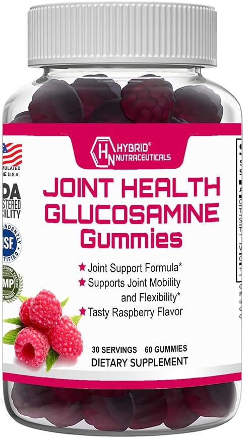 Hybridi Nutraceuticals Joint Health Supplement - Glukosamiini Gummies E-vitamiini - Tuki yhteinen liikkuvuus ja joustavuus Tuki täydentää, vadelma maku - 60 Gummies