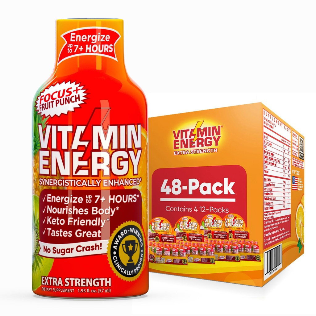 Vitamiini Energy Focus+ Extra Strength Energy Shot Fruit Punch 48 Pack, 260 mg luonnollinen kofeiini, B-vitamiinit, CoQ10, Aminohapot, tarkennus, tuottavuus ja selkeys, nollasokeri, gluteeniton, 1,93 fl oz