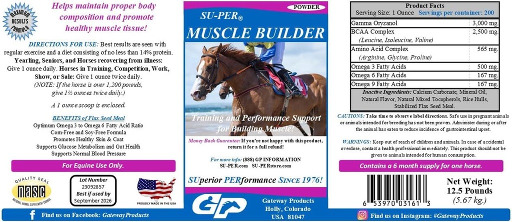 SU-PER Muscle Builder Horse täydentää - koulutus ja suorituskyky tuki harjoituslihas - 12,5 punta, 6 kuukauden tarjonta
