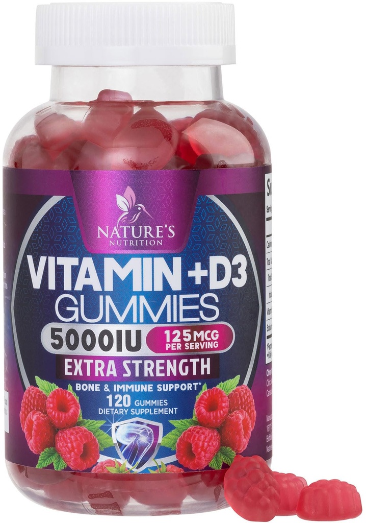 Vitamin D3 Supplement Gummy 5000 IE (125 mcg) Dietary Vitamins D för män och kvinnor - Ben, tänder, muskel- och immunhälsostöd, hög styrka VIT D3 Naturens icke-GMO & Gluten Free - 120 Gummies