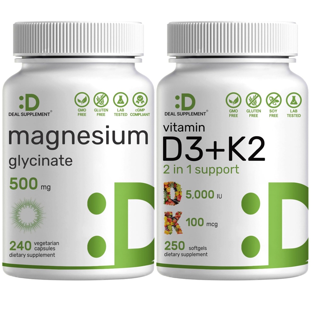 Magnesium Glycinate 500 mg Kasviskapselit & D3-vitamiini 5 000 IU + K2 100mcg Softgels Bundle ...