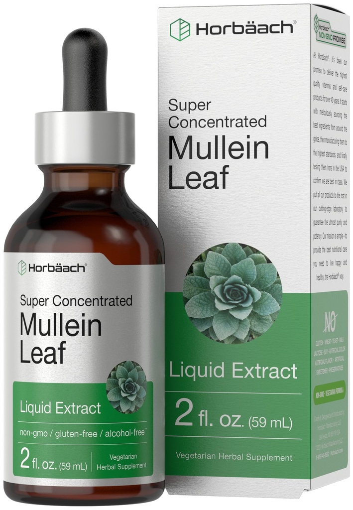 Horbäach Mullein Leaf Extract Drops ... 2 fl oz... Alkoholiton nestetänkki... Kasvisruokaa, ei-muuntogeenisiä organismeja ja gluteenittomia kasviperäisiä ainesosia.