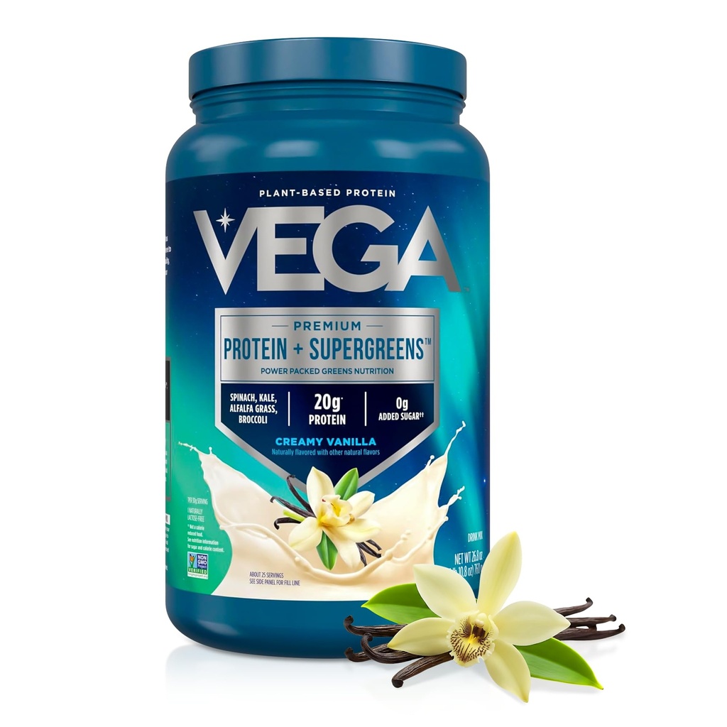 Vega Premium Protein + Supergreens - 20g proteiinia, kermainen vanilja, 25 tarjoilua, Pinaatti,Kale, Alfalfa Grass, Parsakaali, 0g Lisätty sokeri, ei-GMO, gluteeniton, Dairy Free, 1,68 lbs (Pakkaus May Vary)