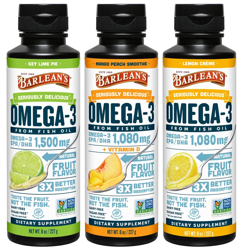 Barlean's Omega 3 Fish Oil Liquid Supplement 3-Flavor Variety Pack miesten ja naisten, EPA ja DHA Fatty Acid, Sisältää Key Lime Pie, Lemon Crème ja Mango Peach Flavors, 8 oz